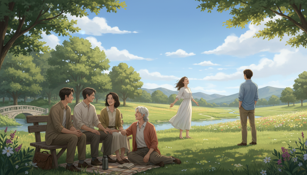 A serene scene reflecting the balance between freedom and connection, set in a tranquil park. In the foreground, a diverse group of people, dressed in modest casual clothing, engage in meaningful conversations, embodying friendship and support. In the middle ground, two individuals stand apart, one gazing at the sky while the other observes the vibrant landscape, symbolizing their personal journeys towards freedom. The background features a beautiful blue sky with fluffy clouds and lush green trees, creating an uplifting atmosphere. Soft, warm sunlight filters through the leaves, casting gentle shadows that enhance the scene's peaceful mood. Capture this moment from a slightly elevated angle to give a sense of openness and possibility. A serene scene reflecting the balance between freedom and connection, set in a tranquil park. In the foreground, a diverse group of people, dressed in modest casual clothing, engage in meaningful conversations, embodying friendship and support. In the middle ground, two individuals stand apart, one gazing at the sky while the other observes the vibrant landscape, symbolizing their personal journeys towards freedom. The background features a beautiful blue sky with fluffy clouds and lush green trees, creating an uplifting atmosphere. Soft, warm sunlight filters through the leaves, casting gentle shadows that enhance the scene's peaceful mood. Capture this moment from a slightly elevated angle to give a sense of openness and possibility.
