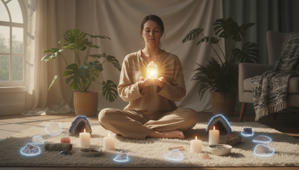 A serene, softly lit scene depicting a person in a meditative pose, surrounded by spiritual symbols and objects being charged with energy. In the foreground, the individual, dressed in modest casual clothing, holds a glowing crystal in their hands, with radiant light emanating from it. The middle layer features various items like gemstones, candles, and herbs, each surrounded by a gentle aura of energy. The background is a tranquil room adorned with plants and soft fabrics, enhancing the peaceful atmosphere. Natural sunlight filters through a window, casting warm, golden rays across the scene, creating a sense of calm and abundance. The overall mood is harmonious and uplifting, inviting viewers into a ritualistic space of spiritual connection.
