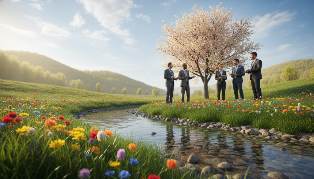 A serene spring landscape in April, showcasing cycles of renewal and opportunity. In the foreground, vibrant wildflowers in various colors bloom, symbolizing growth and potential. A clear stream gently flows, reflecting the bright blue sky, while lush green grass sways softly in the breeze. In the middle ground, a group of diverse, professionally dressed individuals engage in lively discussion, pointing towards a blossoming tree with rich blossoms, emphasizing collaboration and new beginnings. In the background, distant rolling hills are bathed in warm sunlight, adding a sense of vitality and hope. The lighting is soft and natural, creating a tranquil yet optimistic atmosphere. The composition should be balanced, inviting viewers to reflect on renewal and prosperity as they imagine future possibilities.