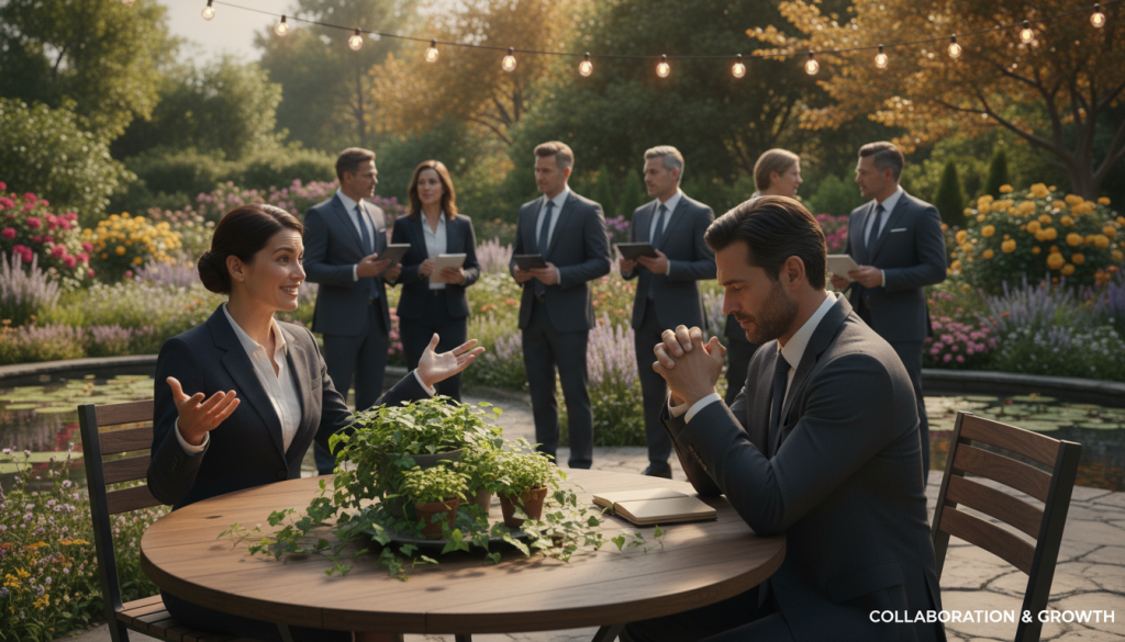 A serene, tranquil scene depicting a beautiful outdoor gathering where individuals dressed in professional business attire are engaging in open discussions. In the foreground, two people are seated at a round table covered with greenery, symbolizing growth and transformation. One individual is sharing ideas, gesturing with enthusiasm while the other listens attentively, embodying empathy and understanding. The middle ground shows gentle interactions between other small groups, exchanging thoughts, each illuminated with warm, soft lighting that evokes a positive atmosphere. The background features a lush garden with bright flowers and light filtering through the leaves, creating an uplifting ambiance. The overall tone is inspiring and hopeful, illustrating effective strategies for transforming jealousy into positive energy, with focus on collaboration and personal growth. A serene, tranquil scene depicting a beautiful outdoor gathering where individuals dressed in professional business attire are engaging in open discussions. In the foreground, two people are seated at a round table covered with greenery, symbolizing growth and transformation. One individual is sharing ideas, gesturing with enthusiasm while the other listens attentively, embodying empathy and understanding. The middle ground shows gentle interactions between other small groups, exchanging thoughts, each illuminated with warm, soft lighting that evokes a positive atmosphere. The background features a lush garden with bright flowers and light filtering through the leaves, creating an uplifting ambiance. The overall tone is inspiring and hopeful, illustrating effective strategies for transforming jealousy into positive energy, with focus on collaboration and personal growth.