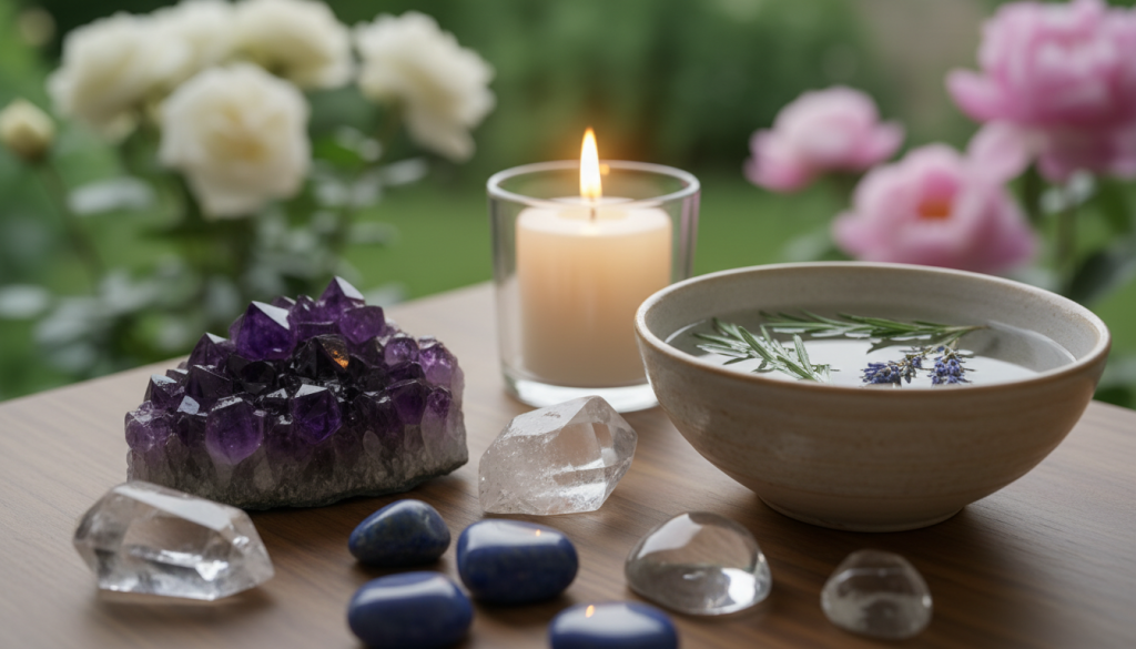 A serene, tranquil setting for cleaning protective crystals. In the foreground, a wooden table displays a variety of sparkling gemstones and crystals—amethyst, quartz, and lapis lazuli—arranged neatly beside a bowl of clear water infused with fresh herbs. In the middle ground, a softly glowing candle emits a warm light, casting gentle reflections on the stones. The background features a calming, blurred garden scene with lush greenery and soft blooms, enhancing the natural healing atmosphere. Soft, natural lighting creates an inviting and peaceful mood, while a shallow depth of field focuses on the crystals, highlighting their beauty and energy. The angle is slightly overhead, capturing the intricate details of the stones and the soothing environment surrounding them.