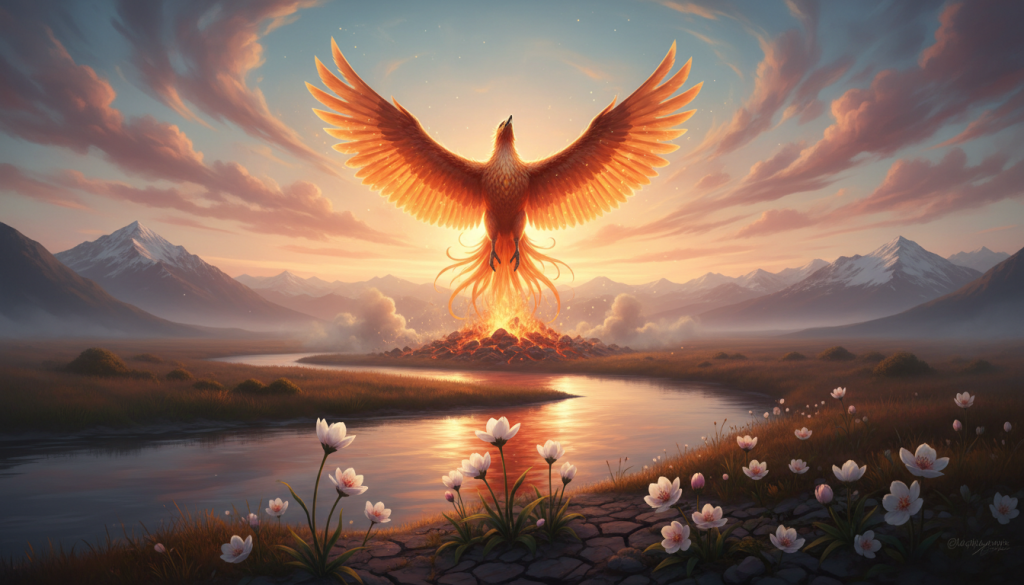 A serene transformation and rebirth scene depicting a majestic phoenix rising from ashes, its vibrant orange and gold feathers glimmering in the soft morning light. In the foreground, delicate flowers blossom, symbolizing new beginnings, while in the middle, the phoenix takes flight with wings spread wide against a backdrop of swirling clouds and a radiant sun peeking over distant mountains. The background features a tranquil, flowing river reflecting the warm colors of dawn. The atmosphere evokes feelings of hope and renewal, with soft, diffused lighting casting gentle shadows that enhance the sense of movement and vitality. Capture this scene using a wide-angle lens to emphasize the grandeur of the phoenix and the beauty of the surrounding nature.