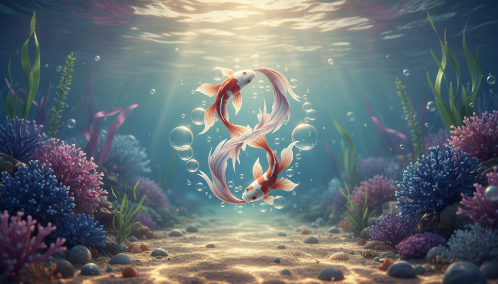 A serene underwater scene depicting a symbol of love associated with the zodiac sign Pisces. In the foreground, two graceful fish intertwined, possibly koi, and surrounded by soft glowing bubbles, embodying the unity and emotional depth of Pisces. The middle layer features vibrant corals and flowing seaweed swaying gently with the ocean current, showcasing rich hues of blues, purples, and pinks, creating a dreamlike atmosphere. This is illuminated by soft, dappled sunlight filtering through the water, throwing shimmering reflections on the sandy ocean floor in the background. The overall mood is tranquil and romantic, evoking a sense of connection and understanding, perfect for representing the concept of love languages for the Pisces sign. A serene underwater scene depicting a symbol of love associated with the zodiac sign Pisces. In the foreground, two graceful fish intertwined, possibly koi, and surrounded by soft glowing bubbles, embodying the unity and emotional depth of Pisces. The middle layer features vibrant corals and flowing seaweed swaying gently with the ocean current, showcasing rich hues of blues, purples, and pinks, creating a dreamlike atmosphere. This is illuminated by soft, dappled sunlight filtering through the water, throwing shimmering reflections on the sandy ocean floor in the background. The overall mood is tranquil and romantic, evoking a sense of connection and understanding, perfect for representing the concept of love languages for the Pisces sign.