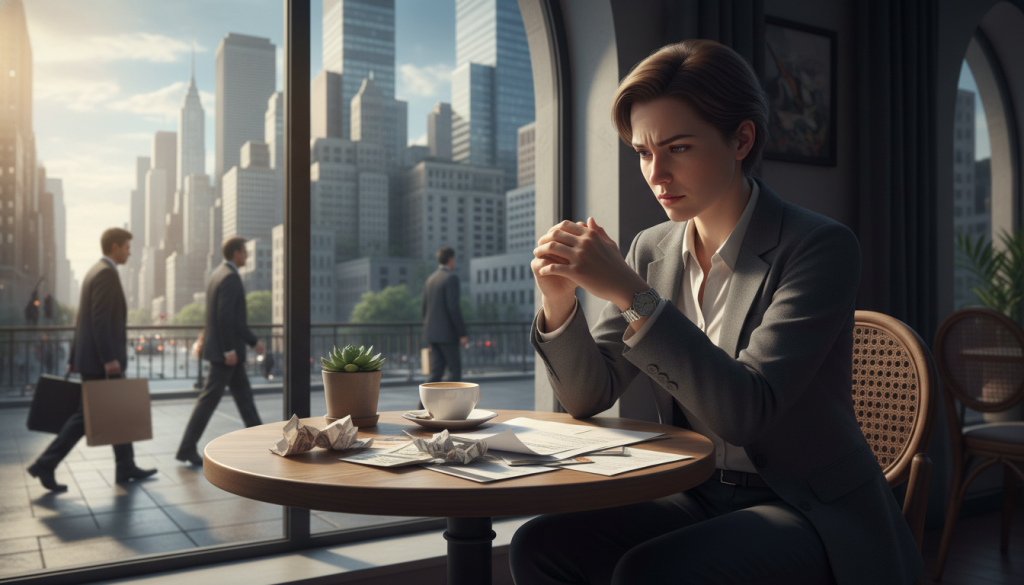 A serene urban scene depicting the struggle with material reality. In the foreground, a young adult dressed in modest, professional attire stands contemplatively, gazing at a pile of bills and financial documents spread across a small café table. Their expression reflects concern and determination. In the middle ground, a cityscape looms with towering buildings, symbolizing ambition and the challenges of modern life. Natural light filters through a nearby window, casting soft shadows that enhance the atmosphere of introspection. The background features blurred figures hurriedly passing by, representing the fast-paced world. The overall mood is one of quiet struggle, with a hint of hope amidst the burdens of everyday financial responsibilities.