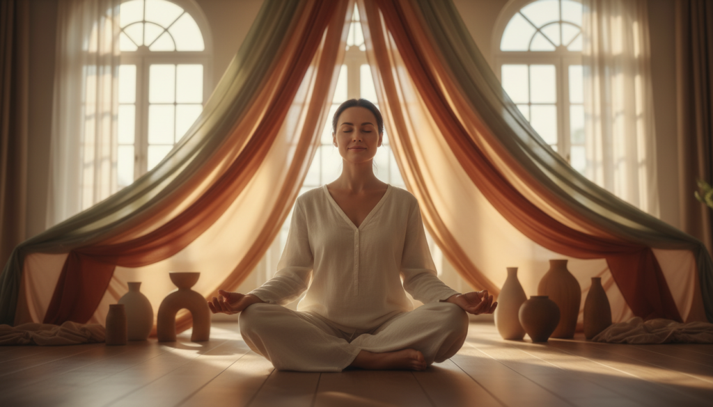 A serene visual representation of "sensation," focusing on the connection between body and emotional safety. In the foreground, a calm woman in comfortable, modest attire sits in a yoga pose, her hands resting gently on her knees, eyes closed, exuding a sense of inward peace. In the middle ground, soft, flowing fabrics in warm earth tones create a harmonious environment, while organic shapes and gentle curves suggest safety and support. The background features a softly lit room with natural light streaming through large windows, casting delicate shadows. The atmosphere is tranquil and nurturing, conveying a sense of emotional security and inner healing. Use a soft focus lens with warm lighting to enhance the soothing mood.