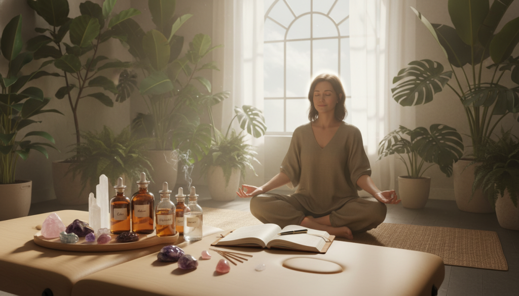 A serene wellness space filled with various healing tools for deep emotional healing. In the foreground, a wooden healing table is adorned with crystals of different shapes and colors, glowing softly under warm, diffused lighting. Essential oils sit in elegant glass bottles, and a journal rests nearby, suggesting reflection. In the middle, a calm figure in modest casual attire sits cross-legged on a yoga mat, peacefully meditating, surrounded by soft, ambient light. The background features lush plants, creating a natural oasis, while gentle sunlight filters through a window, casting a tranquil glow. The atmosphere is soothing and inviting, encouraging introspection and healing. The composition captures a moment of serenity and connection with oneself, emphasizing the journey of deep emotional healing. A serene wellness space filled with various healing tools for deep emotional healing. In the foreground, a wooden healing table is adorned with crystals of different shapes and colors, glowing softly under warm, diffused lighting. Essential oils sit in elegant glass bottles, and a journal rests nearby, suggesting reflection. In the middle, a calm figure in modest casual attire sits cross-legged on a yoga mat, peacefully meditating, surrounded by soft, ambient light. The background features lush plants, creating a natural oasis, while gentle sunlight filters through a window, casting a tranquil glow. The atmosphere is soothing and inviting, encouraging introspection and healing. The composition captures a moment of serenity and connection with oneself, emphasizing the journey of deep emotional healing.