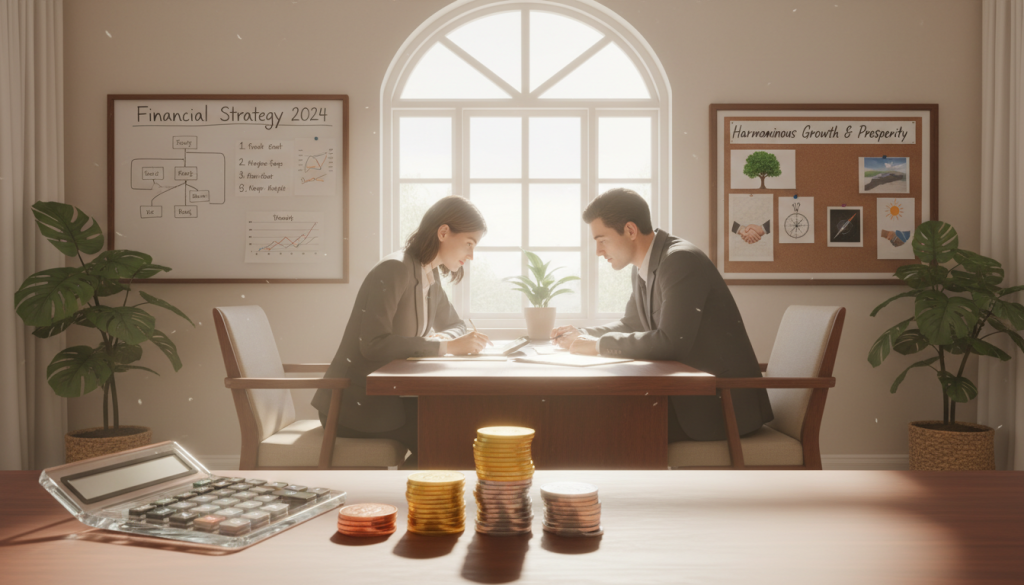 A serene workspace illustrating financial harmony, featuring two individuals—one male and one female—dressed in professional business attire, collaboratively reviewing charts and financial documents on a polished wooden desk. In the foreground, a clear calculator and neatly stacked coins symbolize financial balance. The middle layer displays a large window letting in soft, diffused natural light, casting gentle shadows across the room, with lush green plants placed invitingly in the corners. In the background, a whiteboard filled with strategy notes and a vision board showcasing harmonious growth. The overall atmosphere is calm and focused, symbolizing the alignment of finances through collaboration and mutual understanding. Use a warm, inviting color palette to enhance the sense of partnership and productivity.