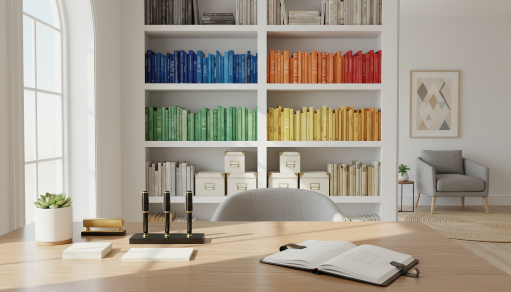 A serene workspace, meticulously organized to represent the concept of "order." In the foreground, a polished wooden desk with neatly arranged stationery, a stylish planner, and a small potted plant. The middle ground features a well-structured bookshelf filled with color-coordinated books, reflecting perfection in organization. Soft, natural sunlight filters through a large window, casting gentle shadows that enhance the calm atmosphere. In the background, a tranquil, minimalistic room with neutral tones and harmonious decor, promoting a sense of peace. The mood is uplifting and focused, embodying the emotional need for order and perfection, inviting viewers to appreciate the beauty in balance and structure.