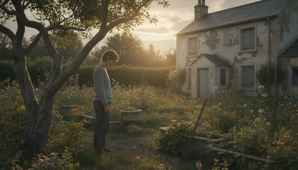 A serene yet melancholic scene depicting the essence of "herida abandono." In the foreground, a solitary figure dressed in modest casual clothing, their posture reflecting introspection and vulnerability, stands near a weathered tree symbolizing growth and past struggles. In the middle, a lush but slightly overgrown garden represents the beauty intertwined with neglect, filled with soft, muted colors of green and brown. The background features a gently faded, rustic house, its walls showing signs of age, suggesting abandonment, yet with a soft glow of evening light cascading down, creating a warm yet bittersweet ambiance. The composition conveys a sense of nostalgia and emotional depth, inviting viewers to reflect on the lingering effects of childhood wounds in adulthood.