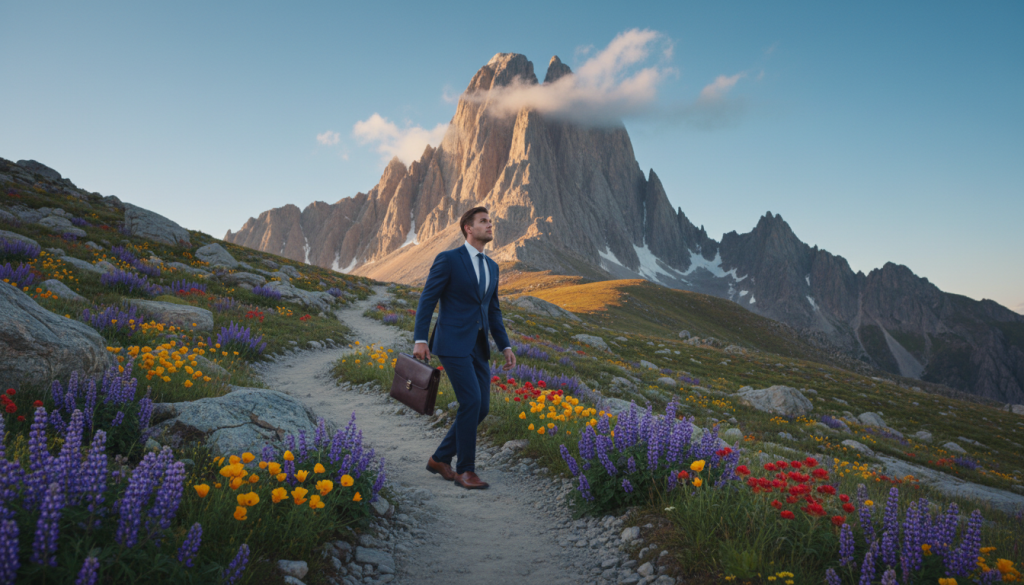 A serene yet powerful landscape symbolizing ambition, featuring a winding mountain path leading up to a majestic peak under a clear blue sky. In the foreground, a determined figure in professional business attire climbs the path, symbolizing the pursuit of goals with an expression of focus and determination. The middle ground includes vibrant wildflowers blooming along the trail, representing growth and aspiration. In the background, the towering mountain symbolizes the heights of ambition, bathed in warm, golden sunlight that illuminates the scene, casting soft shadows. The atmosphere is inspiring and uplifting, evoking feelings of freedom and empowerment in the pursuit of dreams. The angle captures the climber in a dynamic pose against the vastness of the landscape, emphasizing the journey toward success.