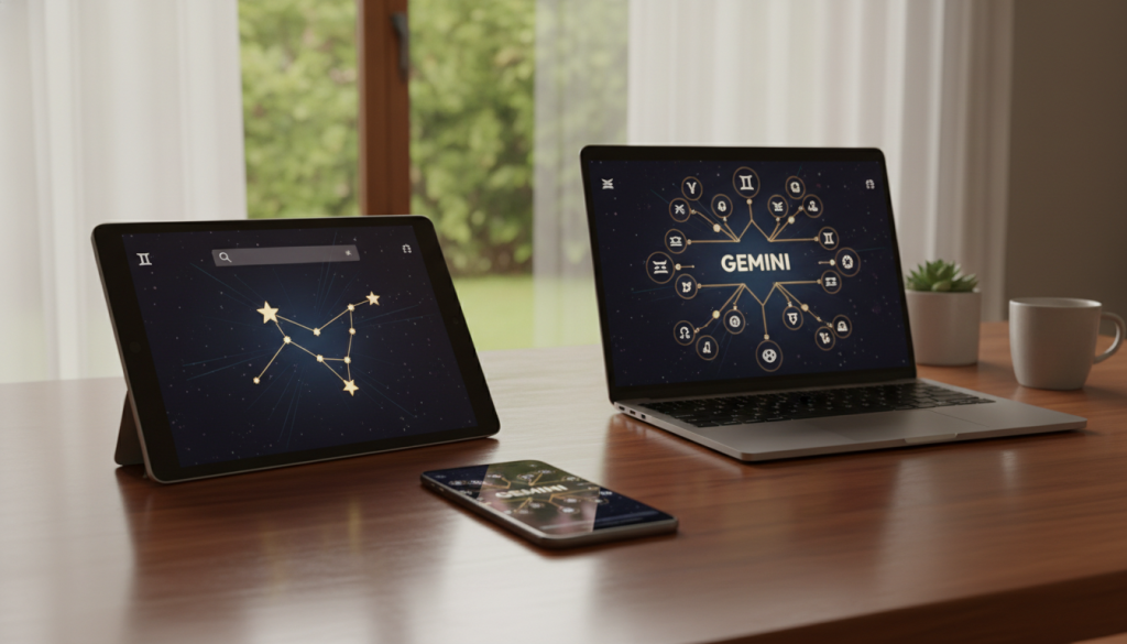 A sleek and modern workspace featuring a digital representation of the Gemini app interface on various devices, such as a tablet and smartphone, placed prominently on a polished wooden desk. In the foreground, subtle reflections of the devices on the desk surface add depth. In the middle ground, a softly illuminated laptop displays interactive features of the Gemini app, showcasing moments of activation and prosperity, such as astrological symbols and intuitive navigation elements. The background features calming tones, perhaps a window with gentle daylight streaming in, casting a warm glow on the scene. The overall mood is inviting and professional, with a sense of focus and productivity. The composition is framed using a slight overhead angle to highlight the sleek technology and workspace arrangement.