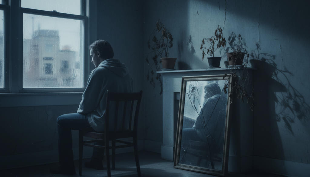 A somber, evocative scene representing emotional abandonment, featuring a solitary figure in a dimly lit room. In the foreground, a person dressed in modest casual clothing, reflecting contemplation and introspection, sits on a rustic wooden chair, gazing out a rain-streaked window. The middle layer shows a shattered mirror, symbolizing fragmented emotions and lost connections. In the background, soft shadows of wilted plants create a sense of decay and neglect. The lighting is low and moody, casting deep shadows that enhance the atmosphere of melancholy, with a focus on cool blue and gray tones. The image captures the depth of Scorpio's emotional landscape, embodying themes of detachment and introspection without any text or additional elements.