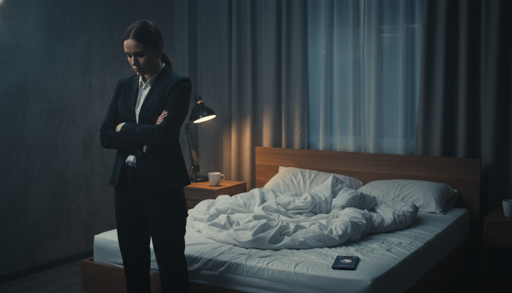 A somber, introspective scene depicting the concept of control in relationships. In the foreground, a person in professional attire stands with crossed arms, looking pensively at an empty, unmade bed, symbolizing disarray and tension. The middle layer includes subtle hints of emotional strain, such as a discarded phone with a missed call notification and a cup of untouched coffee. In the background, a dimly lit room with shadows cast on the walls enhances the sense of unease. Warm but muted lighting casts a glow on the subject’s face, highlighting their expression of contemplation. The atmosphere is thick with unspoken words and unresolved feelings, conveying the weight of control within a relationship.