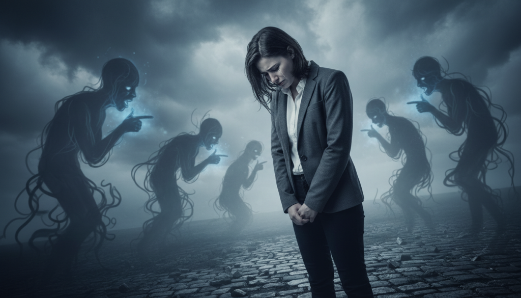 A somber scene capturing the essence of humiliation. In the foreground, a young adult figure dressed in modest, professional attire stands with their head bowed, shoulders slumped, conveying an overwhelming sense of shame. Their expression is pained and introspective. In the middle ground, an abstract representation of shadowy figures looms, symbolizing the voices of guilt and societal judgment. The background features dark clouds gathering overhead, casting a muted light across the scene, enhancing the feeling of despair. The atmosphere is heavy and contemplative, with a cool color palette of blues and grays, creating a mood of reflection and inner turmoil. The angle is slightly tilted, adding to the sense of imbalance and unease.