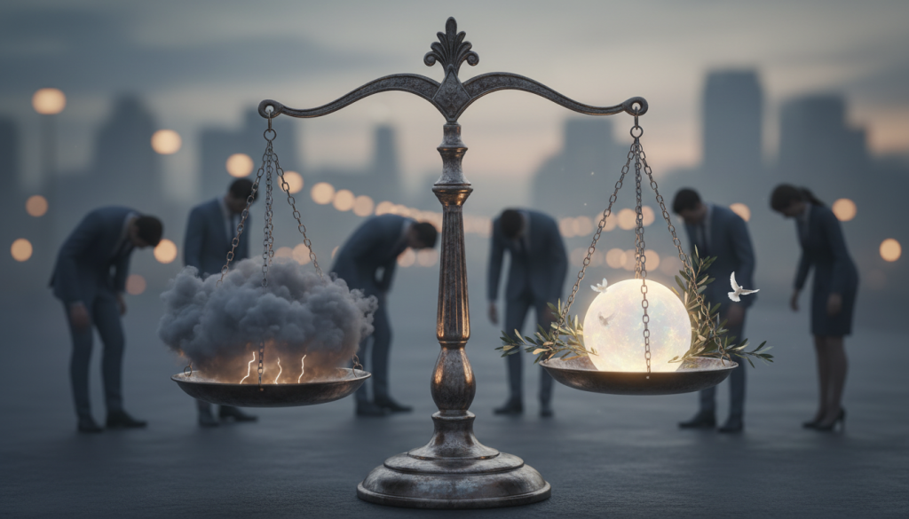 A somber scene depicting the theme of "fear of conflict," centered around a Libra zodiac symbol, stylized as a delicate balance scale. In the foreground, the scale is intricately designed, with one side weighed down by dark storm clouds, symbolizing anxiety and tension, while the other side is adorned with serene light, representing peace and harmony. The middle ground features shadowy silhouettes of people in professional attire, appearing tense and hesitant, subtly illustrating their emotional struggle. The background reveals a blurred cityscape at twilight, with dim streetlights casting a soft, golden glow, creating an atmosphere of introspection and unease. Use soft, diffused lighting to enhance the mood, while ensuring the composition evokes a deep sense of emotional turmoil and the pressing weight of unresolved conflict.