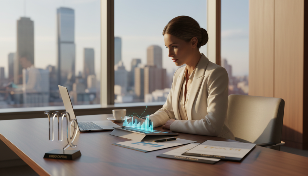 A sophisticated representation of Virgo finance strategies, showcasing a professional woman seated at a sleek desk adorned with financial documents and a laptop. In the foreground, she reviews charts and graphs symbolizing budgeting and investment planning, with a focused expression. The middle ground features a modern office setting with large windows allowing natural light to stream in, enhancing a productive atmosphere. The background offers a glimpse of a city skyline, suggesting ambition and growth. Use soft, warm lighting to create a motivating environment, shot with a slight depth of field to emphasize the subject. The mood is one of intelligence and empowerment, ideal for illustrating smart financial management.