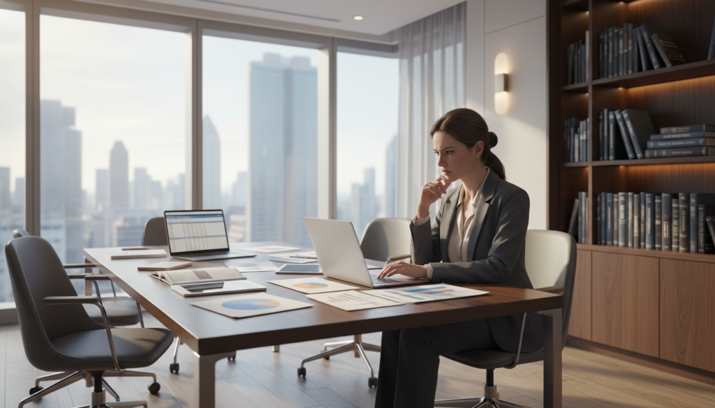 A spacious, modern office setting with large windows allowing natural light to flood the room. In the foreground, a professional-looking woman in a business suit reviews financial charts on her laptop, displaying a focused expression. In the middle ground, a stylish conference table is surrounded by various financial documents and a laptop, symbolizing organization and analysis. The background features shelves filled with books on finance and entrepreneurship, hinting at knowledge and expertise. Soft, warm lighting creates an inviting atmosphere. The composition highlights themes of financial management and business stability, emphasizing clarity and professionalism. The image should convey a sense of confidence and entrepreneurial spirit, suitable for a discussion on financial strategies in business.