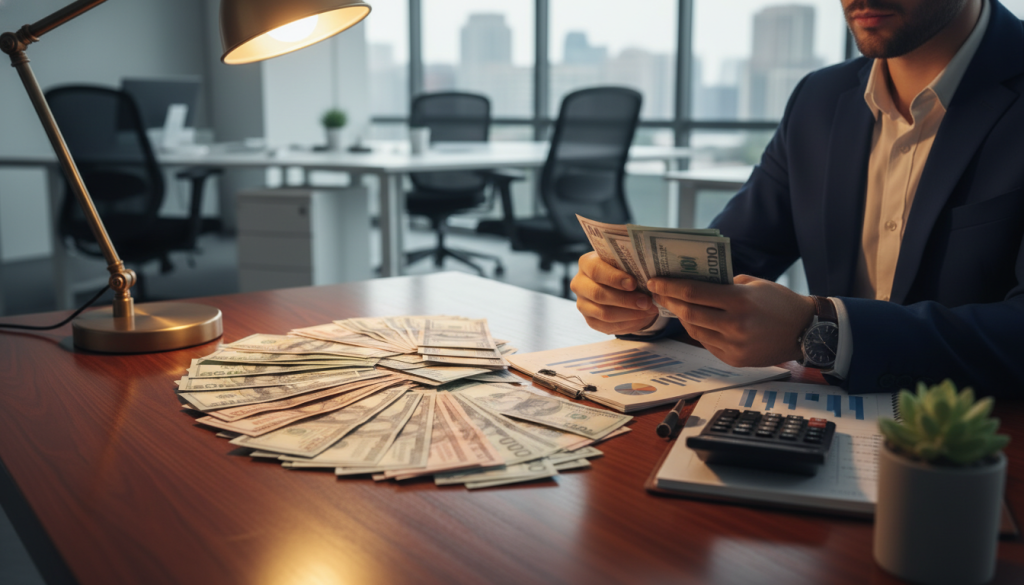 A stack of vibrant, multi-colored banknotes artistically arranged on a polished wooden surface, reflecting the warm golden light of a nearby lamp. In the foreground, a confident individual dressed in professional business attire counts the bills, their expression focused yet relaxed. Surrounding them are subtle hints of financial tools like a calculator, a notepad with financial graphs, and a small potted plant for a touch of greenery. The middle ground features a soft-focus background of a modern office space, with sleek furniture and a large window that lets in natural light, creating an inviting atmosphere. The overall mood is one of financial empowerment and thoughtful resource management, encouraging a positive relationship with money.