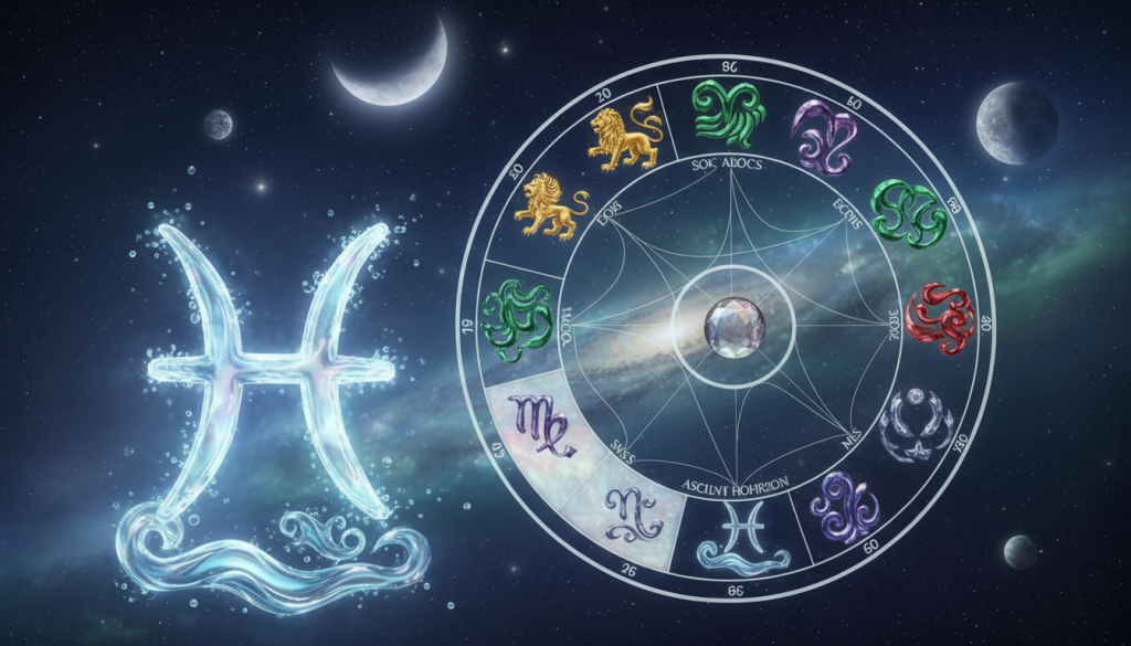 A striking and mystical representation of an astrological chart featuring the signs of Pisces and its ascendant. In the foreground, a glowing Pisces symbol crafted from shimmering water-like textures, surrounded by ethereal light. The middle layer showcases a beautifully intricate astrological chart with colorful zodiac symbols and planetary alignments, all flowing harmoniously. In the background, a cosmic night sky filled with stars and celestial bodies, casting a soft, dreamy glow, symbolizing emotional depth and intuition. Use soft lighting to evoke a serene and contemplative atmosphere, with a slightly blurred depth of field to emphasize the foreground. The mood should be introspective and connected to the emotional needs of Pisces, with a visual balance that invites viewers to explore the depths of their own astrology.