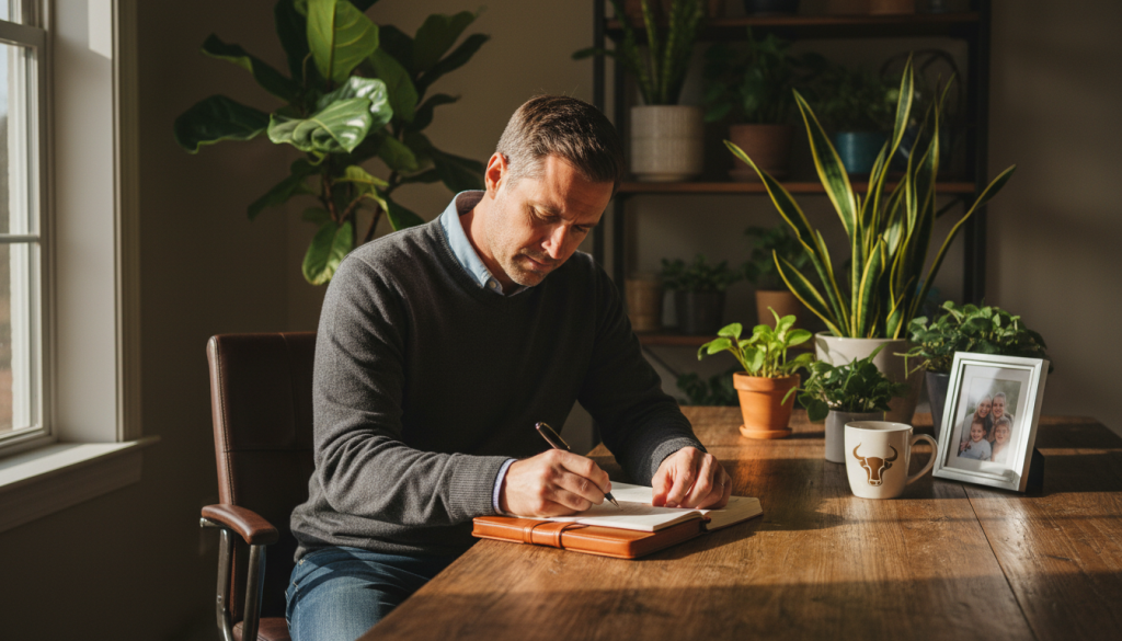 A strong and committed Taurus man sitting at a wooden table in a warmly-lit home office. He wears a smart casual outfit, looking focused and engaged while writing in a leather-bound notebook. Sunlight filters through a nearby window, casting soft shadows that create a cozy atmosphere. Plants are visible in the background, symbolizing stability and growth, enhancing the comforting vibe. On the table, a coffee cup and a framed picture of loved ones emphasize his dedication to relationships. The angle is slightly from above, capturing his thoughtful expression, radiating warmth and seriousness towards commitment, reflecting the essence of this grounded Earth sign.