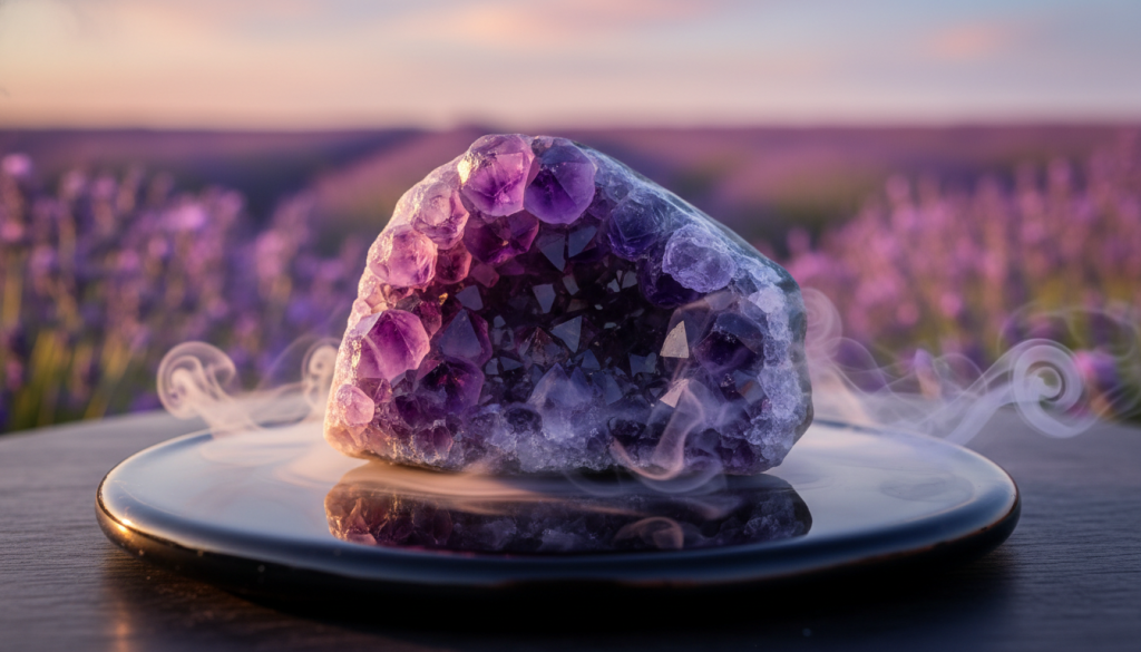 A stunning, close-up view of a radiant amethyst crystal, showcasing its deep violet hues and natural inclusions. In the foreground, the crystal is placed on a soft, reflective surface, subtly illuminated by warm, golden light that accentuates its facets and creates a calming glow. The middle ground features delicate, wispy lavender smoke swirling gently around the crystal, enhancing the mystical atmosphere. In the background, a serene landscape of blurred, soft-focus lavender fields under a pastel twilight sky adds depth and tranquility to the scene. The overall mood is peaceful and introspective, inviting viewers to connect with the calming energy of the amethyst as a symbol of inner peace. The image captures the essence of spiritual protection and tranquility associated with the gemstone.