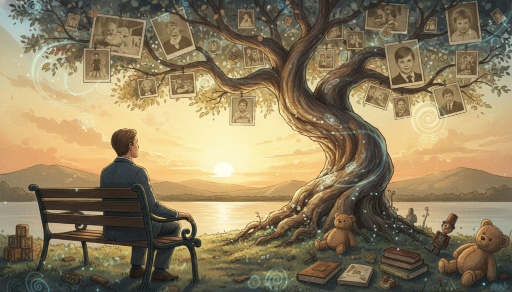 A surreal and introspective illustration depicting the impact of childhood experiences on adult identity. In the foreground, a thoughtful adult seated on a wooden bench, wearing smart casual clothing, gazing at a large, whimsical tree symbolizing growth and memories, with branches filled with photographs representing different stages of life. In the middle ground, elements like faded toys and schoolbooks blend into the scene, suggesting the passage of time and the weight of past experiences. The background reveals a tranquil landscape, with a sunset casting warm, golden light that creates a nostalgic atmosphere. The overall mood is reflective yet hopeful, inviting viewers to consider the complexities of identity shaped by the past.