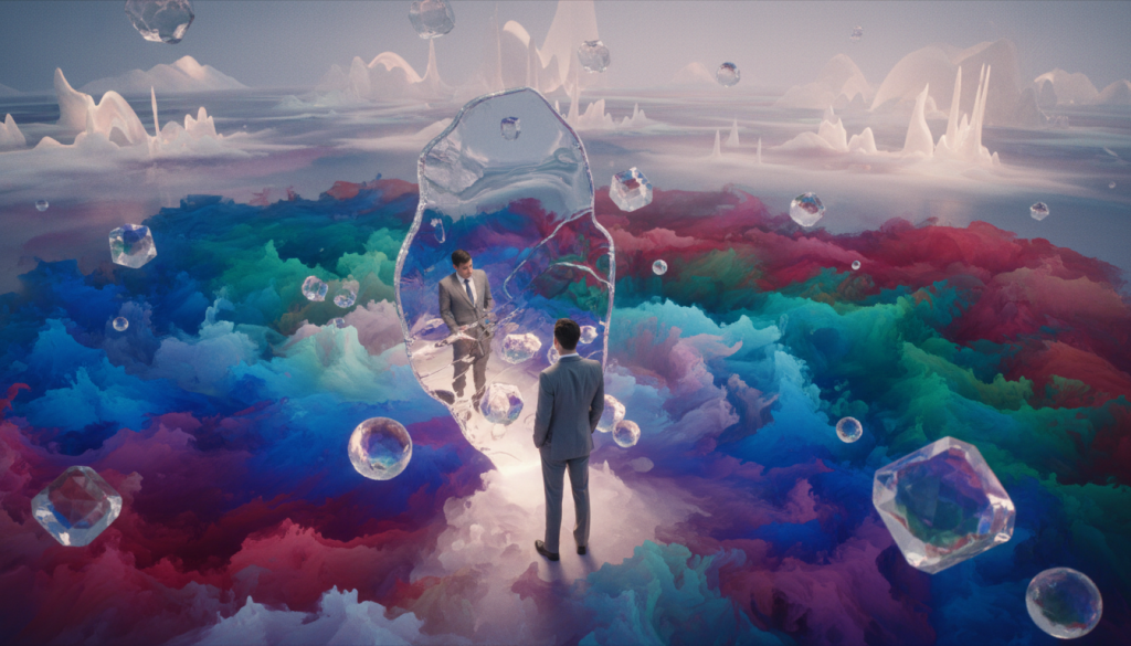 A surreal and introspective scene depicting the concept of "the pursuit of unattainable perfection." In the foreground, a thoughtful figure dressed in professional business attire gazes at a shimmering, distorted mirror symbolizing illusion. Their expression reflects deep contemplation, surrounded by ethereal, floating geometric shapes representing ideals. In the middle ground, swirling clouds of vibrant colors blend seamlessly, hinting at emotional turmoil and aspiration. The background features an abstract landscape with an ethereal glow, casting a dream-like atmosphere. Soft, diffused lighting enhances the mood, creating a sense of serenity juxtaposed with inner conflict. Capture the essence of beauty and complexity in a harmonious composition that evokes both longing and introspection, using a slightly elevated angle for a dramatic perspective.