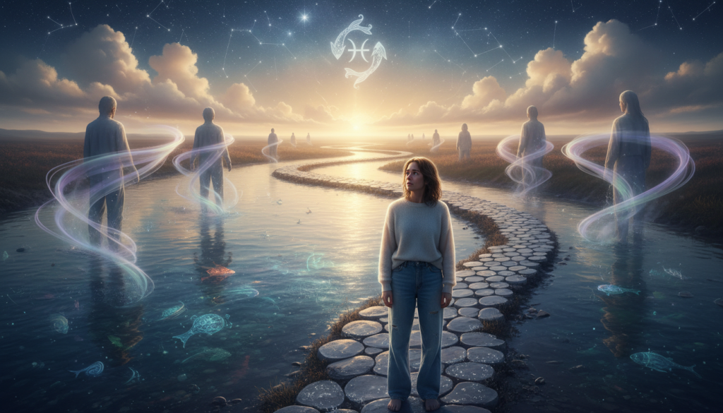 A surreal blend of fantasy and reality depicting the emotional trauma and deep healing journey of a Pisces individual. In the foreground, a figure in modest casual clothing, their expression a mix of contemplation and vulnerability, stands beside a tranquil, flowing river that symbolizes emotional depth. In the middle ground, ethereal elements like dreamlike wisps of light and shadowy silhouettes hint at unresolved issues and inner turmoil. In the background, a horizon merges starry skies with soft clouds, representing the blend of imagination and reality. Soft, warm lighting bathes the scene, creating an atmosphere of hope and introspection. The angle is slightly tilted upward, inviting the viewer to explore this journey of healing through a mystical yet grounded lens. A surreal blend of fantasy and reality depicting the emotional trauma and deep healing journey of a Pisces individual. In the foreground, a figure in modest casual clothing, their expression a mix of contemplation and vulnerability, stands beside a tranquil, flowing river that symbolizes emotional depth. In the middle ground, ethereal elements like dreamlike wisps of light and shadowy silhouettes hint at unresolved issues and inner turmoil. In the background, a horizon merges starry skies with soft clouds, representing the blend of imagination and reality. Soft, warm lighting bathes the scene, creating an atmosphere of hope and introspection. The angle is slightly tilted upward, inviting the viewer to explore this journey of healing through a mystical yet grounded lens.