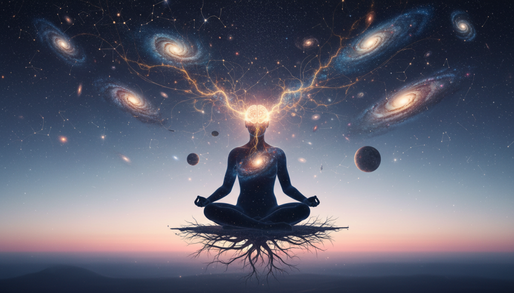 A surreal depiction of a human mind intertwined with cosmic elements, illustrating the theme of destiny creation. In the foreground, a silhouette of a person sitting in a meditative pose, their brain glowing with ethereal light and intricate patterns symbolizing thoughts and ideas. The middle space reveals swirling galaxies and constellations, intertwining with the brain's light, signifying the connection between mind and universe. In the background, a starry night sky fades into a horizon filled with soft pastel colors, suggesting dawn breaking—a metaphor for new beginnings. Use soft, ambient lighting to create a calm and introspective mood. The composition should be from a slightly low angle, giving a sense of depth as the cosmic elements rise above the figure. A surreal depiction of a human mind intertwined with cosmic elements, illustrating the theme of destiny creation. In the foreground, a silhouette of a person sitting in a meditative pose, their brain glowing with ethereal light and intricate patterns symbolizing thoughts and ideas. The middle space reveals swirling galaxies and constellations, intertwining with the brain's light, signifying the connection between mind and universe. In the background, a starry night sky fades into a horizon filled with soft pastel colors, suggesting dawn breaking—a metaphor for new beginnings. Use soft, ambient lighting to create a calm and introspective mood. The composition should be from a slightly low angle, giving a sense of depth as the cosmic elements rise above the figure.