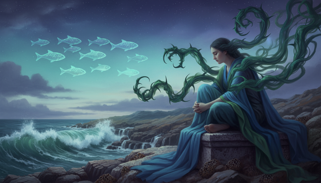 A surreal depiction of envy, capturing the essence of a Pisces individual. In the foreground, a person dressed in soft, flowing blue and green tones symbolizing calmness, sits pensively with a melancholic expression, surrounded by swirling tendrils of deep emerald and jade. In the middle ground, a gradient of ocean waves crashing against a rocky shore contrasts with delicate, ethereal fish swimming gracefully above, symbolizing dreams and hidden desires. The background presents a twilight sky, with hints of starlight and clouds blending into deep hues of violet and indigo, creating a mysterious atmosphere. Soft, diffused lighting casts gentle shadows, enhancing the introspective mood, as the scene evokes contemplation of jealousy and desire in daily life. A surreal depiction of envy, capturing the essence of a Pisces individual. In the foreground, a person dressed in soft, flowing blue and green tones symbolizing calmness, sits pensively with a melancholic expression, surrounded by swirling tendrils of deep emerald and jade. In the middle ground, a gradient of ocean waves crashing against a rocky shore contrasts with delicate, ethereal fish swimming gracefully above, symbolizing dreams and hidden desires. The background presents a twilight sky, with hints of starlight and clouds blending into deep hues of violet and indigo, creating a mysterious atmosphere. Soft, diffused lighting casts gentle shadows, enhancing the introspective mood, as the scene evokes contemplation of jealousy and desire in daily life.