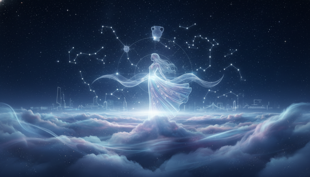A surreal depiction of "esencia astral aire" representing the astrological essence of Aquarius. In the foreground, ethereal wisps of air form gentle clouds, infused with soft shades of blue and violet, creating a dynamic sense of movement. The middle ground features interconnected constellations glowing softly, with symbolic elements like water waves and stylized visions of a human silhouette wearing a flowing, iridescent garment to reflect the Aquarian spirit. The background displays a dreamy night sky filled with stars and the faint outline of an abstract city skyline, symbolizing innovation and community. The atmosphere is tranquil yet vibrant, illuminated by a cosmic light that casts soft shadows. Capture this scene with a wide-angle lens to enhance depth and reinforce the enchanting mood of the essence of Aquarius.