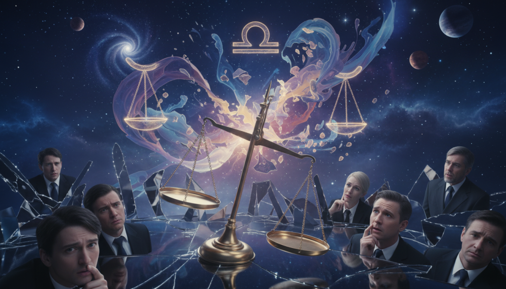 A surreal depiction of unusual behaviors associated with the Libra zodiac sign during a crisis. In the foreground, a balanced scale is tilted, surrounded by fragmented mirrors reflecting perplexed expressions of individuals dressed in professional business attire, conveying confusion and introspection. In the middle ground, abstract shapes and patterns swirl around, symbolizing emotional turmoil and duality, interspersed with vibrant Libra symbols. The background features a cosmic night sky with stars and planets, adding a mystic atmosphere. Soft, ethereal lighting highlights the faces, enhancing the mood of contemplation and inner conflict. The camera angle is slightly elevated, creating a sense of depth and immersion in this emotional landscape.