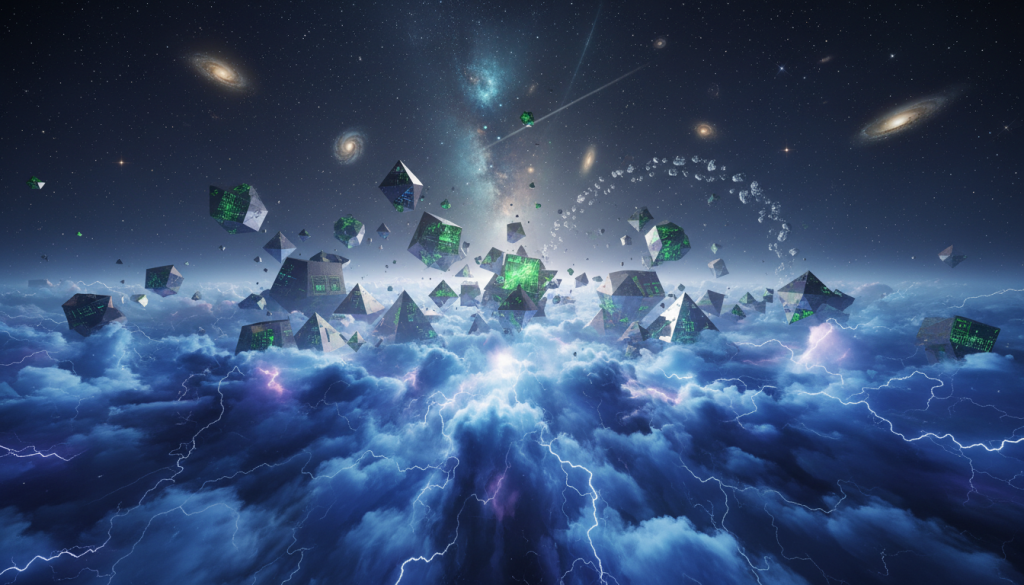 A surreal interpretation of "Uranian energy" depicted through abstract and vibrant visuals. In the foreground, swirling electric blue and violet clouds intertwine, radiating a sense of dynamism and change. The middle ground features geometric shapes that represent innovation and disruption, pulsating with bright green and silver highlights. The background showcases a cosmic scene, with stars and distant galaxies glowing softly, contributing to a mystical atmosphere. The lighting is ethereal, casting a glow that enhances the sense of energy and movement. Use a wide-angle lens to capture the expansive feel of the cosmos. The overall mood is one of transformation and awakening, embodying the challenges of personality and mastery over Uranian energy.