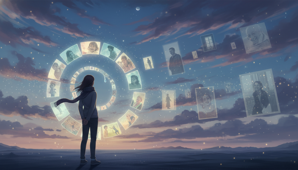 A surreal landscape depicting the theme of "recurring memories" with layers of emotion. In the foreground, a lone figure in modest casual clothing stands contemplatively, gazing at a swirling vortex of ethereal, translucent images representing memories, softly illuminated. In the middle ground, fragmented and ghostly scenes from the past—childhood laughter, solemn moments, and fleeting images of loved ones—float gently, drawn toward the vortex. The background features a tranquil, twilight sky filled with soft clouds tinted in deep blues and purples, casting a serene glow over the scene. The atmosphere is introspective and healing, evoking a sense of both melancholy and hope, with a gentle, diffused lighting that highlights the emotional depth of the imagery. The composition should draw the viewer into a meditative state, inviting reflection on the impact of recurring memories on well-being.