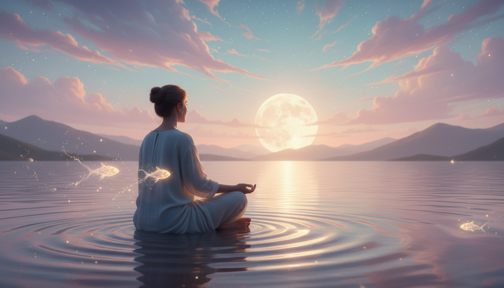 A surreal representation of emotional sensitivity, featuring a figure sitting on a tranquil shore under a twilight sky, with pastel colors blending in the clouds. The foreground shows the figure, dressed in modest, casual clothing, meditatively gazing at the rising moon that reflects softly on the water. In the middle, gentle waves lap at the sand, creating ripples that symbolize emotional depth. The background features softly blurred silhouettes of distant mountains and shimmering stars, enhancing the dreamlike atmosphere. Use warm, diffused lighting to evoke a sense of calm and introspection, with a slightly elevated angle to capture the serene setting. The overall mood should be one of peaceful contemplation and emotional resonance, embodying the challenges and transformative nature of the lunar influence in Pisces.