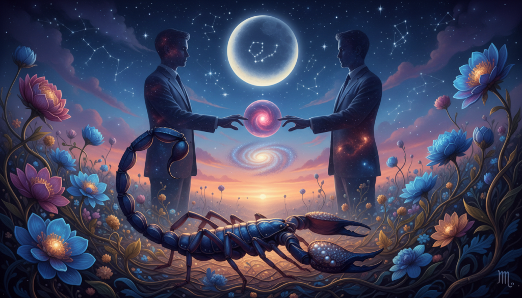 A surreal scene depicting the concept of "impact on personal relationships," enhanced by Scorpio symbolism. In the foreground, a graceful scorpion, its tail arched elegantly, rests atop vibrant flowers symbolizing growth and connection. In the middle ground, two silhouetted figures, dressed in professional attire, reach towards each other, symbolizing unity and emotional bonds. The background features a twilight sky filled with twinkling stars and a shimmering crescent moon, creating a mystical atmosphere. Soft, ambient lighting casts gentle shadows, enhancing the mood of reflection and introspection. The image should evoke a sense of harmony and balance, inviting viewers to ponder the deeper significance of relationships influenced by spiritual symbols.