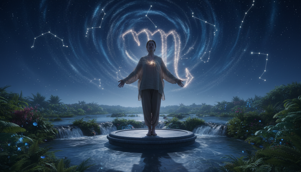 A surreal scene portraying the spiritual purpose of Scorpio within human experience, featuring a person in modest casual attire standing in a balanced pose at the foreground, with a serene expression reflecting deep introspection. In the middle ground, a starry night sky filled with constellations representing Scorpio, creating a mystical atmosphere. Soft, ethereal lighting illuminates the figure, casting gentle shadows and enhancing the contemplative mood. The background showcases a tranquil landscape of flowing water and lush greenery, symbolizing emotional depth and transformation. The composition should evoke feelings of mystery and empowerment, highlighting the essence of Scorpio in a harmonious blend of life and spirit, captured from a slightly lower angle to emphasize the connection between the individual and the cosmos.