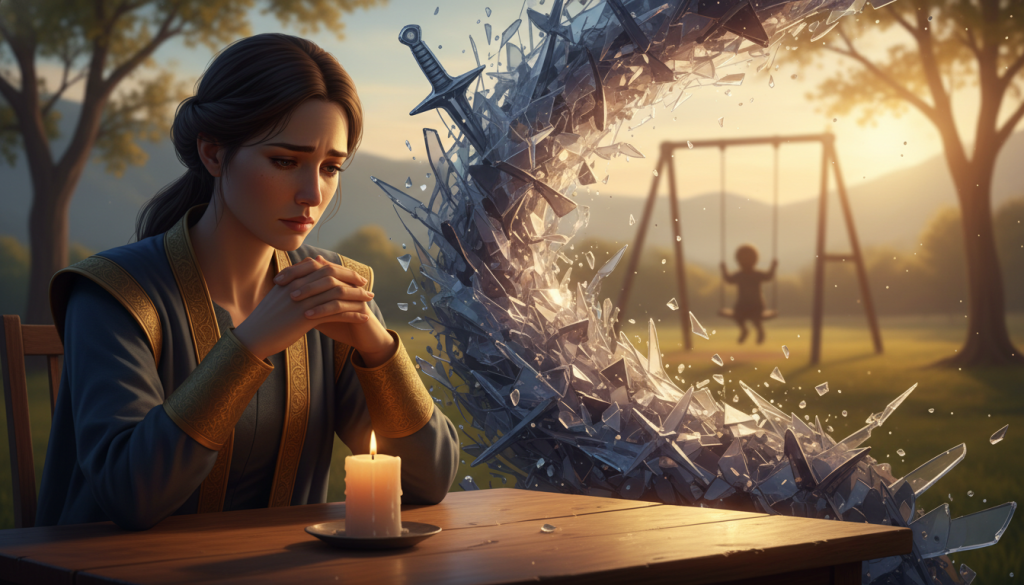 A symbolic representation of emotional wounds, focusing on the theme of childhood trauma. In the foreground, an elegantly dressed individual sits at a wooden table, deep in thought with a poignant expression, hands clasped together. The middle ground is filled with slightly blurred, abstract representations of sharp, jagged glass pieces symbolizing emotional pain and struggles, reflecting light to create subtle glimmers. In the background, a soft-focus silhouette of a child playing in a serene park setting, evoking nostalgia yet tinged with a sense of longing. The atmosphere should carry a melancholic yet hopeful mood, with warm, golden lighting to enhance emotions. The angle should be slightly elevated to provide a broader perspective on the emotional landscape depicted. A symbolic representation of emotional wounds, focusing on the theme of childhood trauma. In the foreground, an elegantly dressed individual sits at a wooden table, deep in thought with a poignant expression, hands clasped together. The middle ground is filled with slightly blurred, abstract representations of sharp, jagged glass pieces symbolizing emotional pain and struggles, reflecting light to create subtle glimmers. In the background, a soft-focus silhouette of a child playing in a serene park setting, evoking nostalgia yet tinged with a sense of longing. The atmosphere should carry a melancholic yet hopeful mood, with warm, golden lighting to enhance emotions. The angle should be slightly elevated to provide a broader perspective on the emotional landscape depicted.