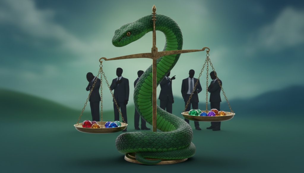 A symbolic representation of envy, featuring a vivid green serpent coiled around a delicate balance scale, symbolizing emotional equilibrium. The serpent's scales shimmer under soft, diffused lighting, emphasizing its texture and color. In the foreground, the balance scale is adorned with small, colorful gemstones representing various emotions, each shining brightly. The middle ground includes shadowy silhouettes of people reacting to the scales, dressed in professional business attire, showcasing a mix of intrigue and sadness. The background features a blurred abstract landscape with soft hues of green and blue, evoking a tranquil yet tense atmosphere. The overall mood should be contemplative, illustrating the complexity of envy and emotional balance. Use a wide-angle lens to enhance depth and perspective. A symbolic representation of envy, featuring a vivid green serpent coiled around a delicate balance scale, symbolizing emotional equilibrium. The serpent's scales shimmer under soft, diffused lighting, emphasizing its texture and color. In the foreground, the balance scale is adorned with small, colorful gemstones representing various emotions, each shining brightly. The middle ground includes shadowy silhouettes of people reacting to the scales, dressed in professional business attire, showcasing a mix of intrigue and sadness. The background features a blurred abstract landscape with soft hues of green and blue, evoking a tranquil yet tense atmosphere. The overall mood should be contemplative, illustrating the complexity of envy and emotional balance. Use a wide-angle lens to enhance depth and perspective.