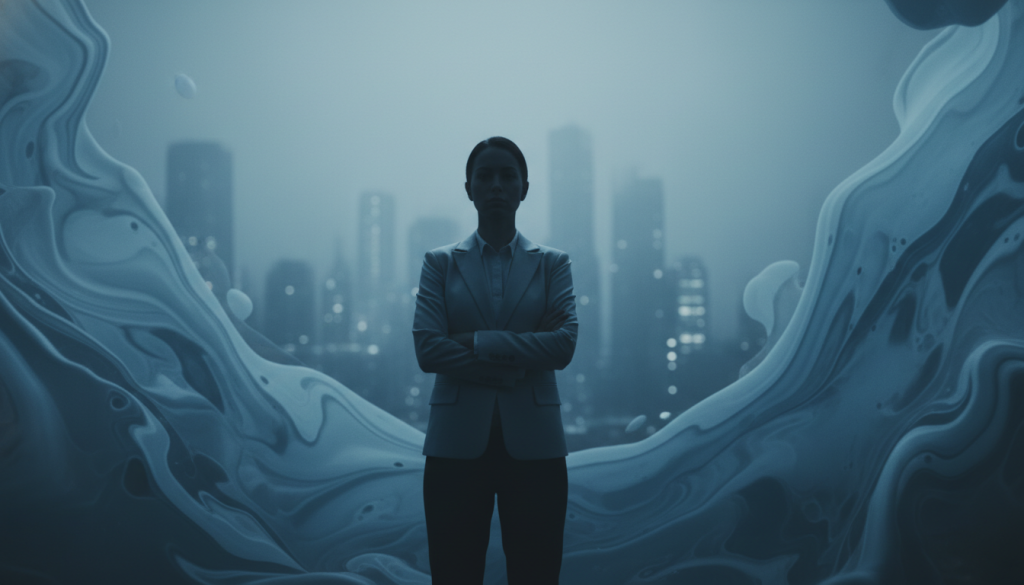 A symbolic representation of the "dark side of Aquarius" in the context of emotional coldness in relationships. In the foreground, a silhouette of a solitary figure stands with crossed arms, wearing a sleek, business-like outfit, exuding an aura of detachment. The middle ground features abstract, frigid blue and gray tones swirling around the figure, symbolizing emotional barriers. In the background, a blurred cityscape shrouded in mist enhances the sense of isolation, represented through dim, cool lighting that casts soft shadows. The atmosphere is tense and introspective, evoking feelings of distance and emotional disconnect. Capture this scene with a shallow depth of field to focus on the figure and the swirling colors, emphasizing the contrast between the cold environment and the solitary figure’s emotional state.