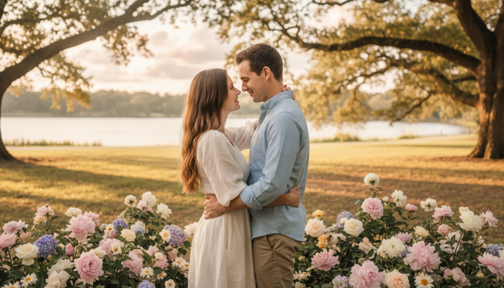 A tender couple embracing each other in a serene park setting, surrounded by soft, pastel-colored flowers. The foreground showcases the couple, dressed in modest casual clothing; the woman has long flowing hair, while the man has a warm smile, reflecting love and connection. In the middle, gentle sunlight filters through the leaves of nearby trees, casting a warm, golden hue over the scene. The background features a tranquil lake with reflections of the sky, adding to the romantic atmosphere. The overall mood is dreamy and intimate, capturing the essence of love and emotional depth, ideal for illustrating a section on relationships and sentimentality. A tender couple embracing each other in a serene park setting, surrounded by soft, pastel-colored flowers. The foreground showcases the couple, dressed in modest casual clothing; the woman has long flowing hair, while the man has a warm smile, reflecting love and connection. In the middle, gentle sunlight filters through the leaves of nearby trees, casting a warm, golden hue over the scene. The background features a tranquil lake with reflections of the sky, adding to the romantic atmosphere. The overall mood is dreamy and intimate, capturing the essence of love and emotional depth, ideal for illustrating a section on relationships and sentimentality.
