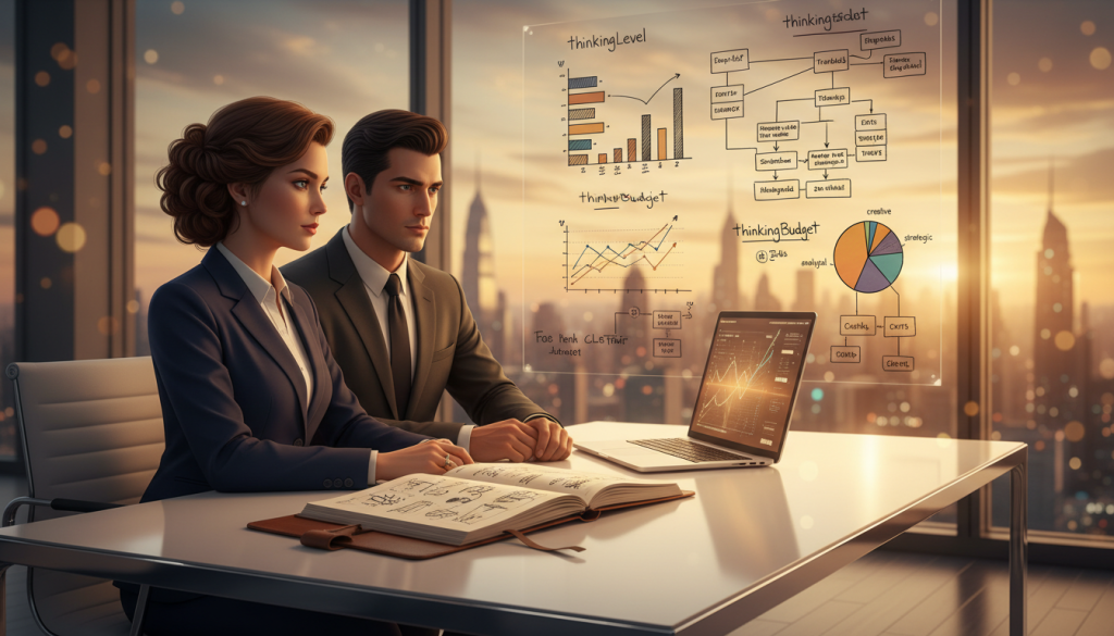 A thoughtful Gemini character sits at a sleek modern desk, generating ideas. They wear professional business attire, exuding intelligence and ambition. In the foreground, an open notebook filled with sketches and notes lies next to a glowing laptop. In the middle ground, a whiteboard displays complex diagrams and flowcharts representing "thinkingLevel" and "thinkingBudget" concepts. The background features a large window with soft, natural light streaming in, illuminating the room and creating an inspiring atmosphere. The overall mood is one of focus and innovation, emphasizing the duality and depth of Gemini's analytical mind. Use a warm color palette with a slight bokeh effect to highlight the character's deep contemplation.