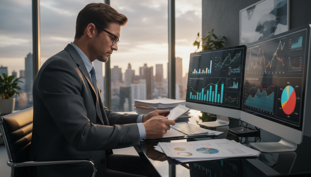 A thoughtful analyst, dressed in professional business attire, sits at a sleek desk filled with financial reports and investment charts, deep in concentration. The foreground features a close-up of the analyst’s focused expression, highlighting their analytical mindset. In the middle ground, an array of data visualization tools and graphs represent various investment options, showcasing a blend of vibrant colors and data points. In the background, a modern office environment with large windows allows natural light to fill the space, creating an atmosphere of clarity and focus. A soft glow highlights the analyst's features, conveying determination and intellect. The composition is shot from a slightly elevated angle, enhancing the sense of engagement with the analytical process while remaining professional and polished.