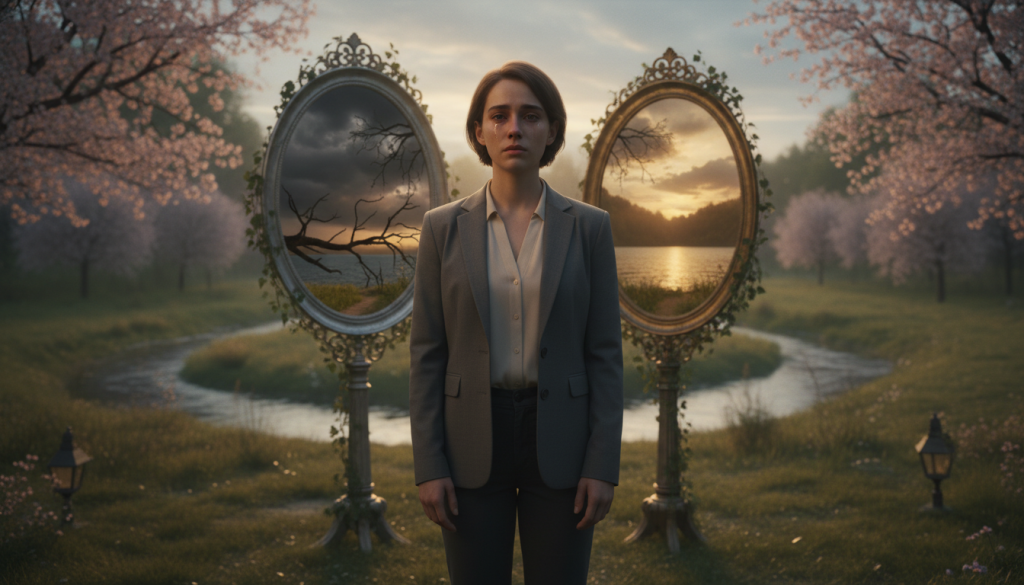 A thoughtful and emotional scene depicting a Gemini figure standing in a serene, softly lit environment. In the foreground, the Gemini person, dressed in modest, professional attire, expresses a contemplative demeanor, reflecting on emotional trauma. Their surroundings, in the middle ground, showcase symbols of duality and transformation, such as two intertwined paths or mirrors, representing the dual nature of Gemini. The background features a tranquil landscape, like a peaceful park at dusk, with gentle, warm lighting casting a calming glow. The mood is introspective and healing, evoking a sense of vulnerability and strength through emotional resilience. Capture this moment in a balanced composition with a focus on depth and clarity, using a soft lens to enhance the soothing atmosphere.