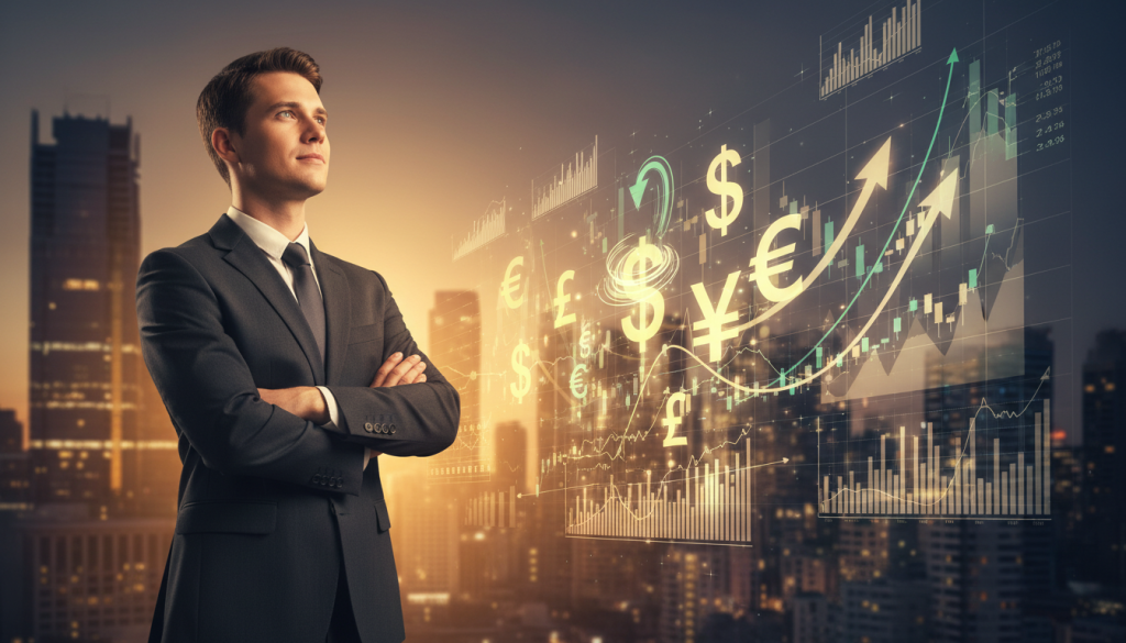 A thoughtful businessperson in professional attire stands confidently in the foreground, contemplating financial charts and graphs that shimmer with intuitive energy. Their expressions reflect a deep understanding of financial intuition, a blend of focus and serenity. In the middle ground, an array of glowing, abstract symbols—such as currency signs and upward arrows—float, representing instinctive financial insight and prosperity strategies. The background features a softly illuminated cityscape at dusk, symbolizing opportunities and growth. The scene is bathed in warm, golden lighting, creating an inspiring and positive atmosphere. Capture this moment from a slightly low angle to emphasize the subject's determination and the vibrant symbols surrounding them, underscoring the theme of intuition in financial decision-making.