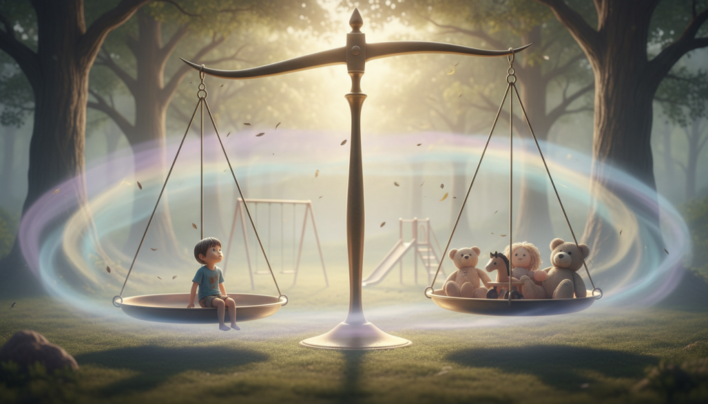 A thoughtful depiction of emotional trauma stemming from childhood, illustrated through a symbolic Libra zodiac sign cradling a small, vulnerable child in a serene environment. In the foreground, the Libra sign is elegantly rendered with soft, flowing lines, symbolizing balance. The child, wearing modest, casual clothing, gazes thoughtfully at the sign, evoking a sense of introspection. In the middle, subtle representations of childhood memories—soft toys and gentle shadows—surround them to signify past wounds. The background features a tranquil landscape with warm, golden sunlight filtering through trees, creating a healing atmosphere. The image should capture a profound mood of reflection and understanding, with soft, diffused lighting to enhance the sense of safety and emotional depth.