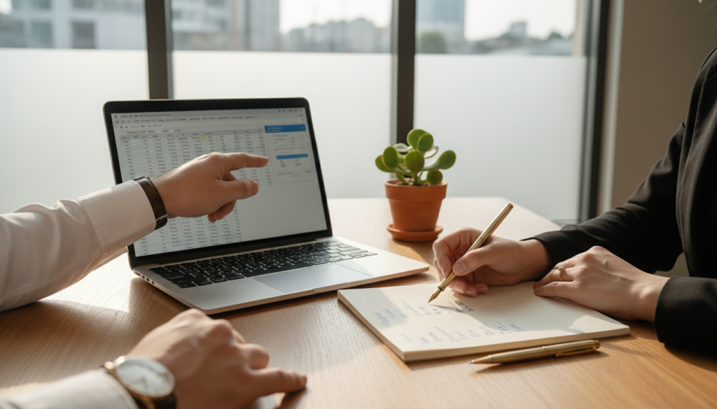 A thoughtfully arranged tabletop featuring a sleek laptop, a notepad with neatly written expense details, and a couple of gold-toned pens, all symbolizing shared financial management. In the foreground, there are two hands, one belonging to a man in a crisp white shirt and the other belonging to a woman in elegant business attire, both engaged in a collaborative budgeting discussion. In the middle ground, a potted plant adds a touch of warmth, while a tall window in the background lets in soft, diffused natural light, creating a calm and focused atmosphere. The scene conveys a sense of harmony and teamwork in managing shared expenses, embodying the essence of financial compatibility between partners. The angle is slightly above the table, providing a comprehensive view of the items and the couple's interaction, ensuring a clear focus on their shared intent. A thoughtfully arranged tabletop featuring a sleek laptop, a notepad with neatly written expense details, and a couple of gold-toned pens, all symbolizing shared financial management. In the foreground, there are two hands, one belonging to a man in a crisp white shirt and the other belonging to a woman in elegant business attire, both engaged in a collaborative budgeting discussion. In the middle ground, a potted plant adds a touch of warmth, while a tall window in the background lets in soft, diffused natural light, creating a calm and focused atmosphere. The scene conveys a sense of harmony and teamwork in managing shared expenses, embodying the essence of financial compatibility between partners. The angle is slightly above the table, providing a comprehensive view of the items and the couple's interaction, ensuring a clear focus on their shared intent.