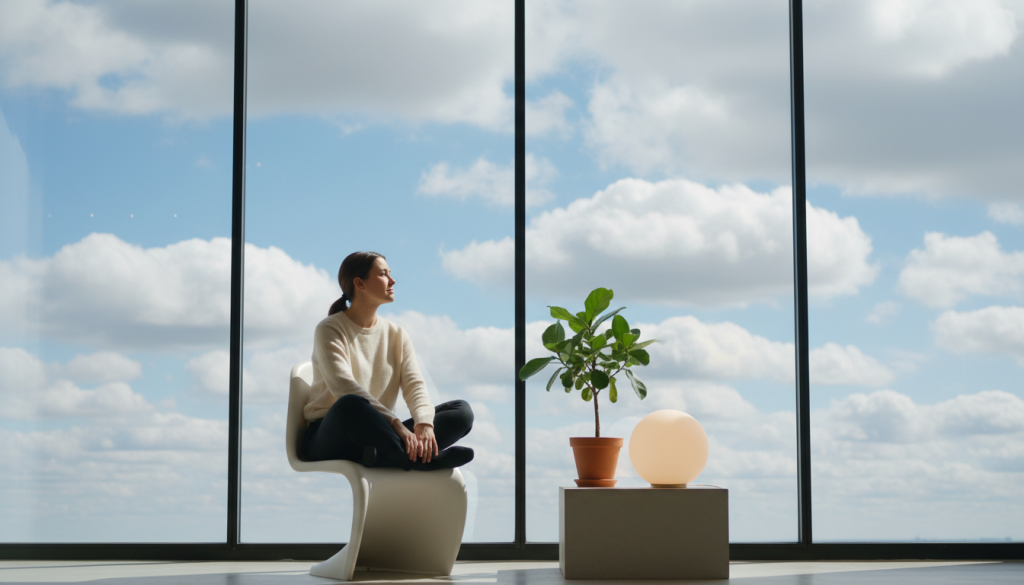 A tranquil scene capturing the essence of "personal space," symbolizing freedom and individuality. In the foreground, a serene figure seated on a modern minimalist chair, dressed in comfortable yet professional attire, gazing thoughtfully out of a large window. The middle ground features a softly glowing lamp and a small potted plant, representing growth and self-care. The background reveals an expansive view of a clear blue sky interspersed with fluffy clouds, emphasizing openness and limitless possibilities. Soft, natural lighting filters through the window, creating a warm, inviting atmosphere. The image exudes calmness and introspection, highlighting the importance of personal freedom while fostering emotional connection. The angle is slightly elevated, offering a comprehensive perspective of this peaceful sanctuary, devoid of any text or distractions. A tranquil scene capturing the essence of "personal space," symbolizing freedom and individuality. In the foreground, a serene figure seated on a modern minimalist chair, dressed in comfortable yet professional attire, gazing thoughtfully out of a large window. The middle ground features a softly glowing lamp and a small potted plant, representing growth and self-care. The background reveals an expansive view of a clear blue sky interspersed with fluffy clouds, emphasizing openness and limitless possibilities. Soft, natural lighting filters through the window, creating a warm, inviting atmosphere. The image exudes calmness and introspection, highlighting the importance of personal freedom while fostering emotional connection. The angle is slightly elevated, offering a comprehensive perspective of this peaceful sanctuary, devoid of any text or distractions.
