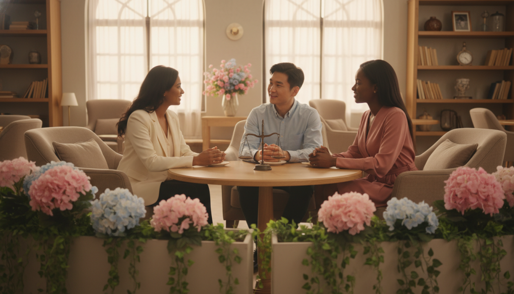 A tranquil scene depicting a Libra-themed communication moment. In the foreground, a diverse group of three friends, dressed in professional business attire, sit around a stylish coffee table, engaged in a warm and heartfelt discussion, exchanging emotions and ideas. Their expressions should convey deep connection and understanding. In the middle ground, lush greenery and soft pastel colors symbolize harmony and balance, representing the essence of Libra. The background features an elegant, softly-lit café interior with gentle light filtering through large windows, creating a cozy yet sophisticated atmosphere. The scene suggests a serene and inviting vibe, emphasizing connection through thoughtful communication and the gentle energy of the Libra sign. Use soft focus and warm lighting to enhance the mood, evoking feelings of friendship and love.