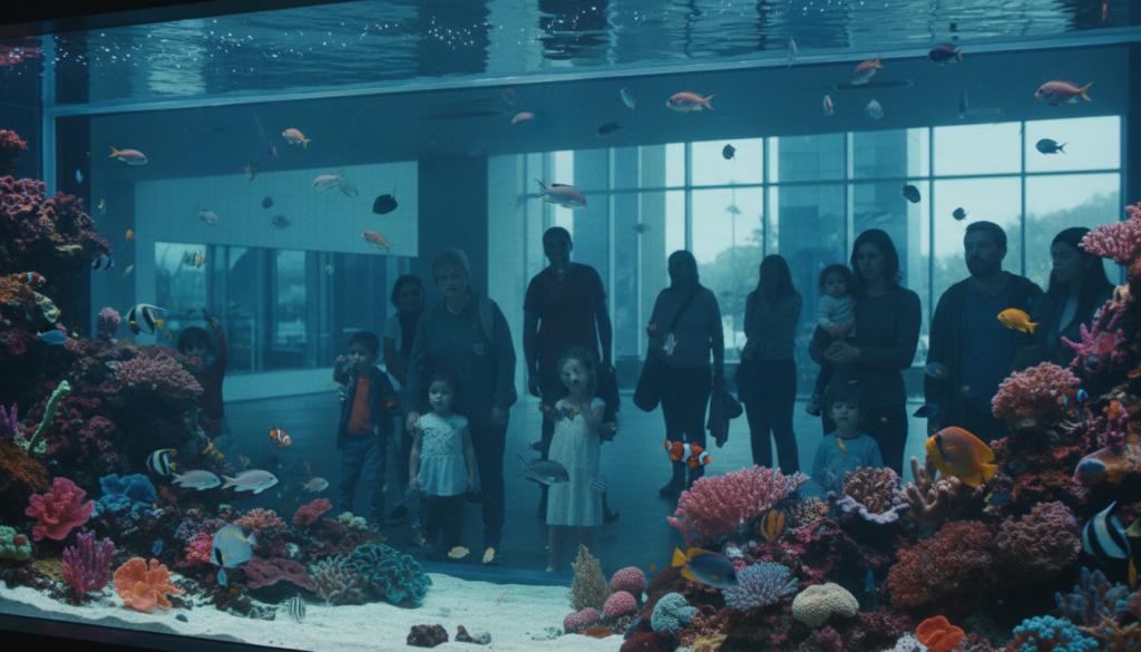 A tranquil scene inside the "Aquarium Mar del Plata," showcasing an expansive view of vibrant marine life within a large, well-lit tank. In the foreground, delicate coral formations in various colors provide a natural habitat for lively fish, while light refracts beautifully through the water, creating shimmering patterns. The middle ground features an observation area with visitors, including families and individuals in modest casual clothing, observing the underwater world with expressions of curiosity and concern. In the background, the sleek architecture of the aquarium building is visible, with large glass panels reflecting the daylight. The mood is reflective and somber, emphasizing the ecological responsibility for the well-being of marine animals. The lighting is soft, enhancing the serene atmosphere while hinting at the overarching theme of conservation and emotional connection to aquatic life.
